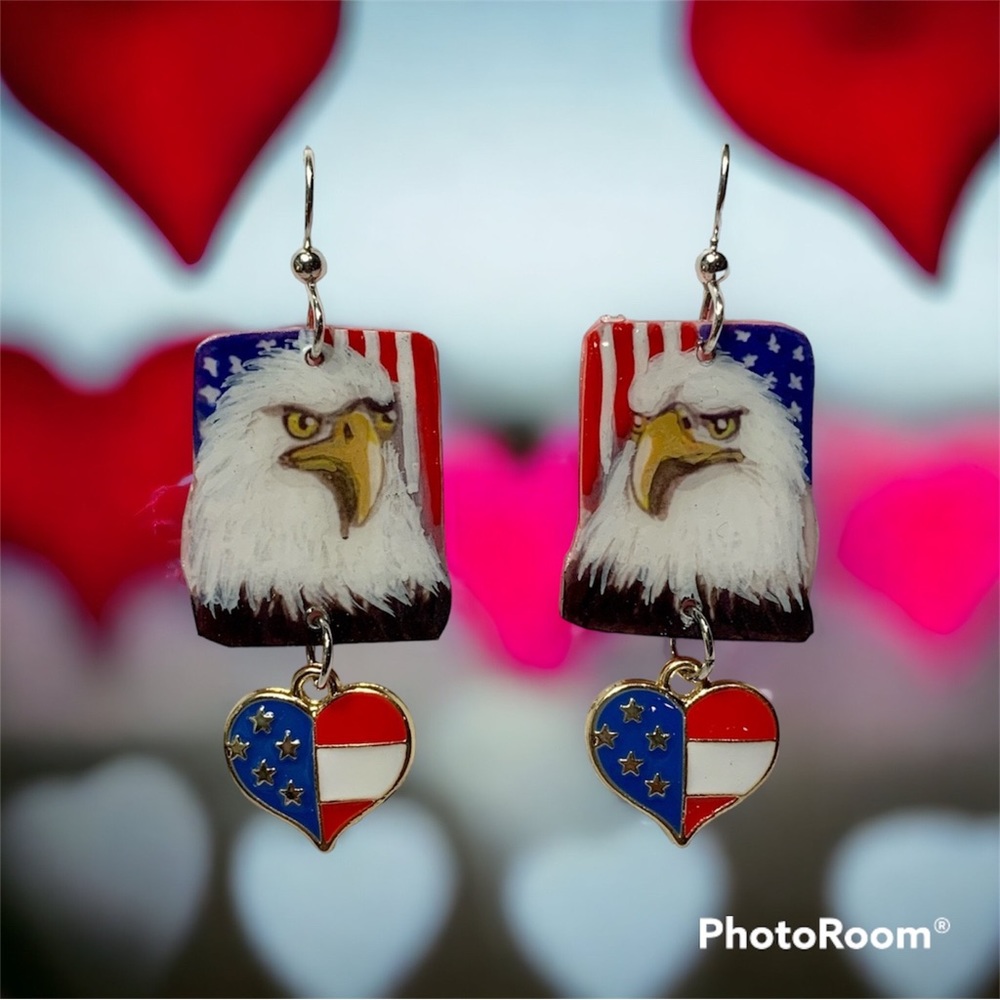 Handpainted bald Eagle patriotic OOAK earrings w flag charm 4th of July